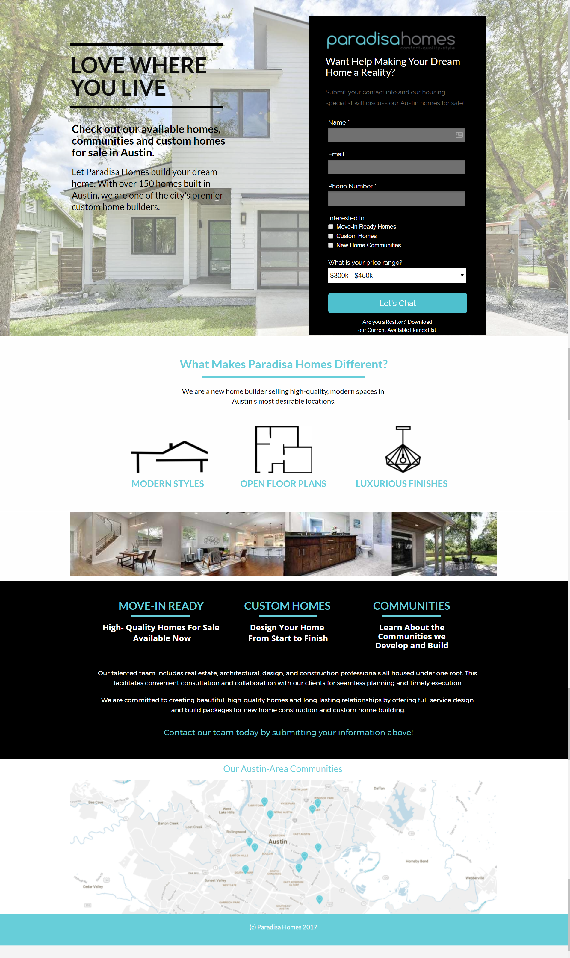 Paradisa homes landing page from Neon Ambition